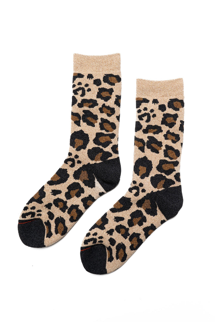 Pile Leopard Crew Socks - Beige