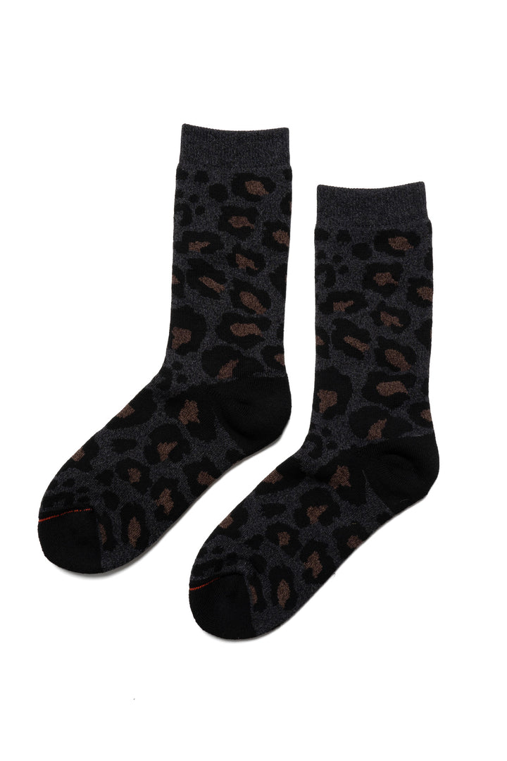 Pile Leopard Crew Socks - Charcoal