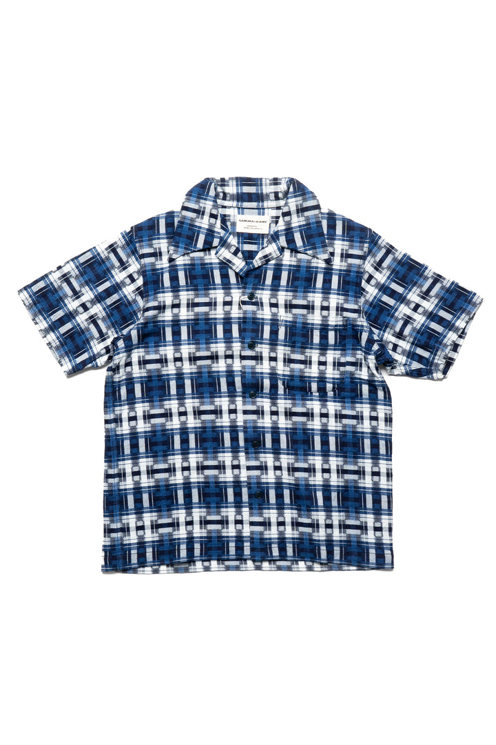 Broken Lattice Short Sleeve Open Collar Shirt - Indigo